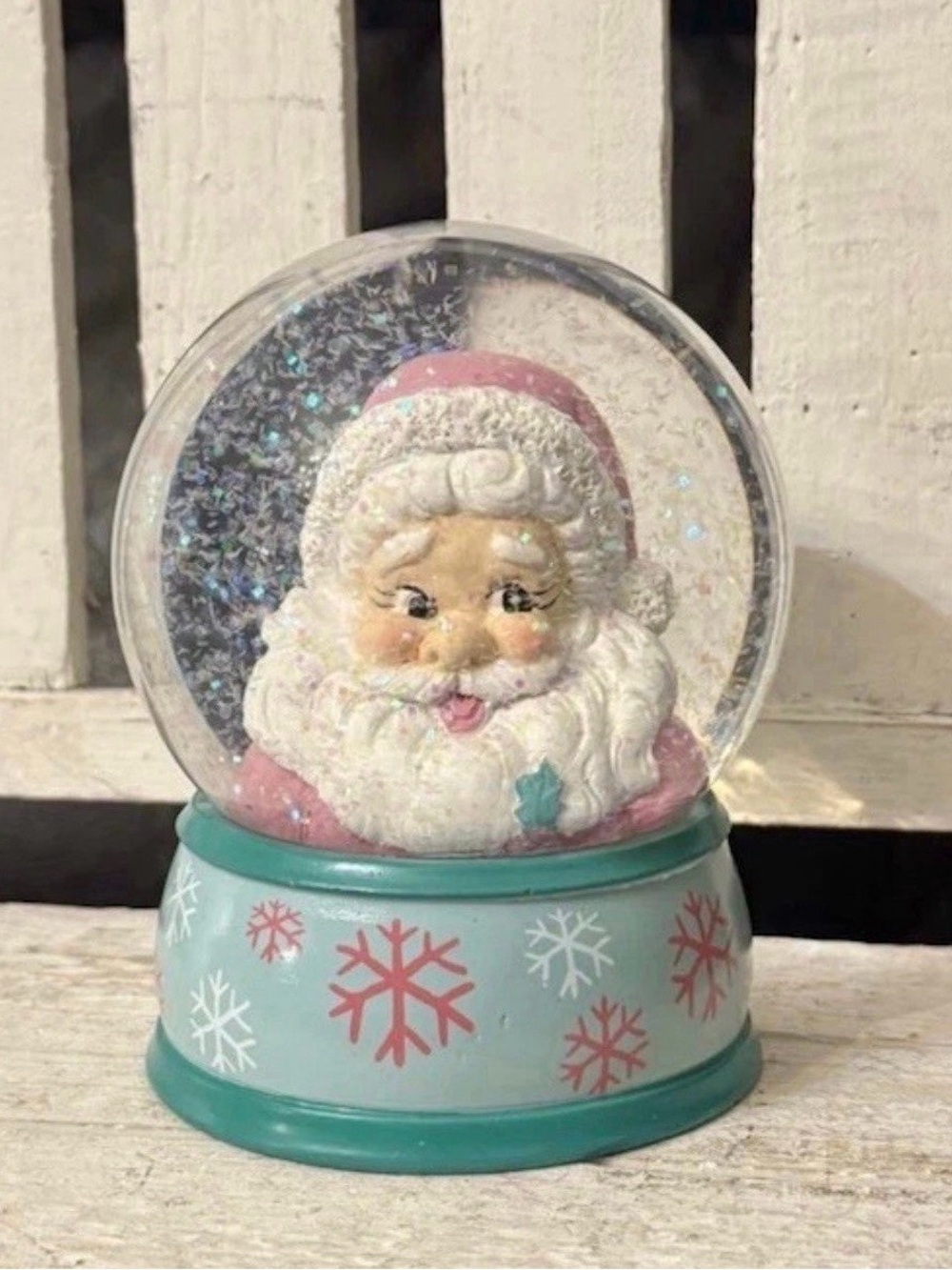 Pink Santa Snow Globe with Teal Snowflake Base
